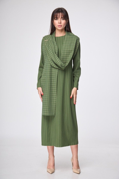 Платье зауженное по талии до середины голени с разрезом и поясом демисезонное Anelli 1197 зеленый - фото 5