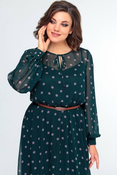 Демисезонное платье из шифона на резинке с ремнем Swallow 482 зеленый_в_горох - фото 3