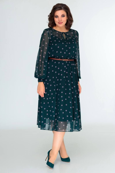 Демисезонное платье из шифона на резинке с ремнем Swallow 482 зеленый_в_горох - фото 5