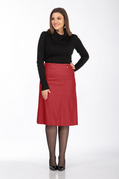 Юбка из экокожи А-силуэт со складками и карманами Klever 299 красный - фото 3