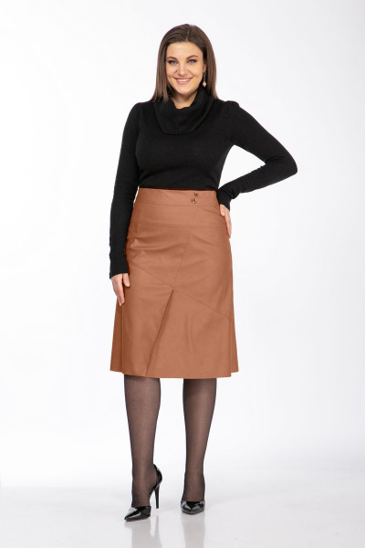 Юбка из экокожи коричневая А-силуэт с молнией Klever 299 рыжий - фото 3