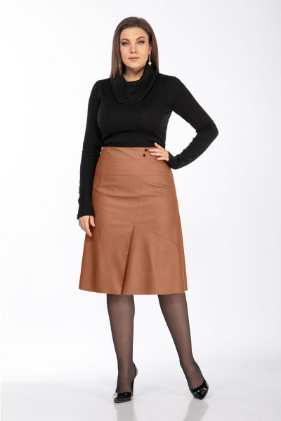 Юбка из экокожи коричневая А-силуэт с молнией Klever 299 рыжий - фото 1