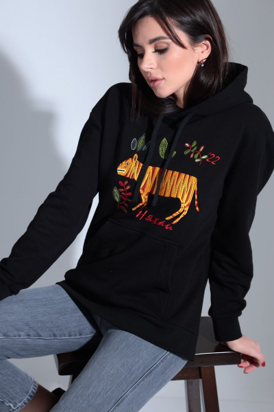 Демисезонный черный свободный худи с вышивкой и капюшоном HIT 0210 чёрный - фото 7