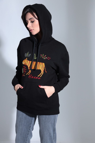 Демисезонный черный свободный худи с вышивкой и капюшоном HIT 0210 чёрный - фото 5