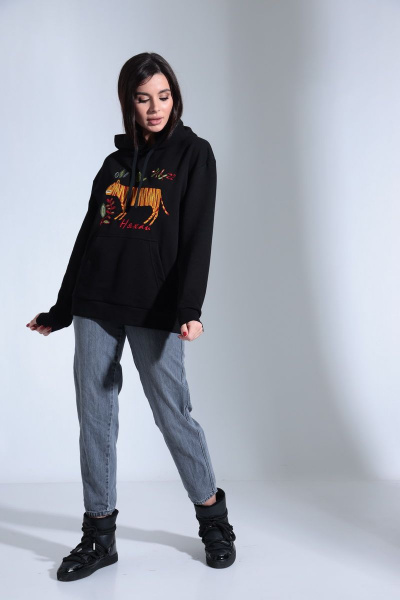 Демисезонный черный свободный худи с вышивкой и капюшоном HIT 0210 чёрный - фото 4