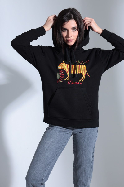 Демисезонный черный свободный худи с вышивкой и капюшоном HIT 0210 чёрный - фото 1