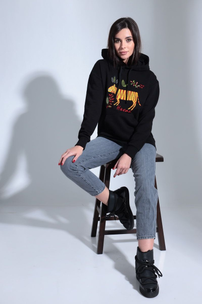 Демисезонный черный свободный худи с вышивкой и капюшоном HIT 0210 чёрный - фото 3