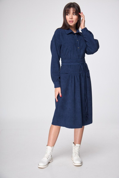 Платье полуприлегающее из вельвета с воротником и воланом на юбке круглый год Anelli 1169 синий - фото 1