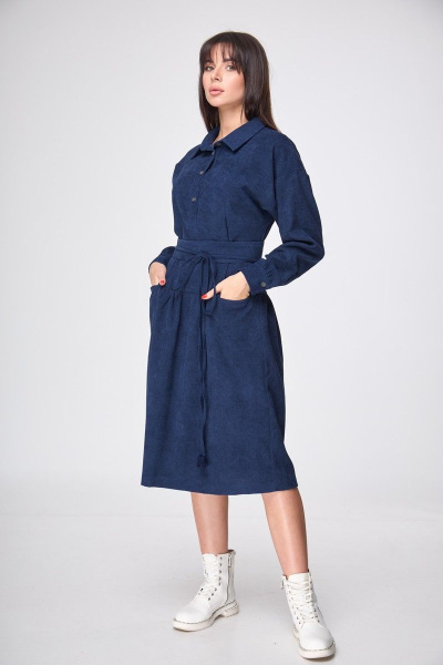 Платье полуприлегающее из вельвета с воротником и воланом на юбке круглый год Anelli 1169 синий - фото 4