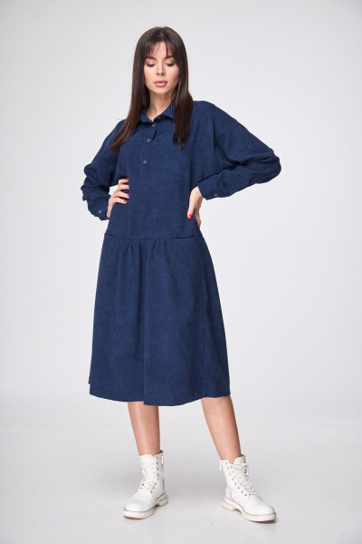 Платье полуприлегающее из вельвета с воротником и воланом на юбке круглый год Anelli 1169 синий - фото 3