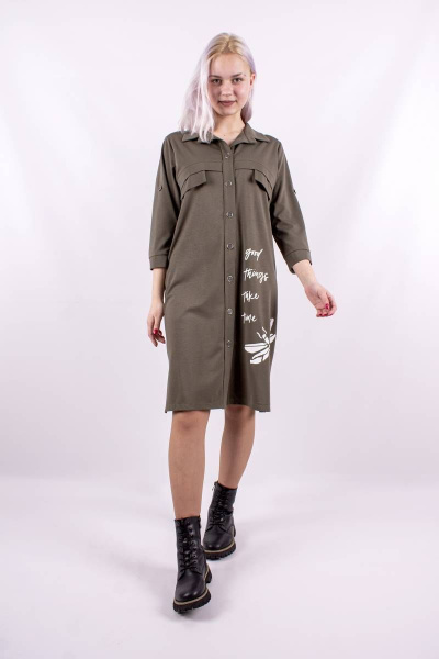 Платье прямое с кокеткой и декоративным принтом Mita ЖМ1092 хаки - фото 1