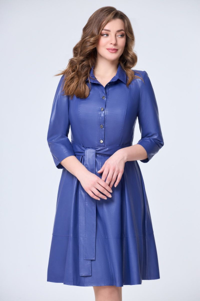 Демисезонное платье из экокожи длиной 100 см, синее DaLi 4397 василёк - фото 1