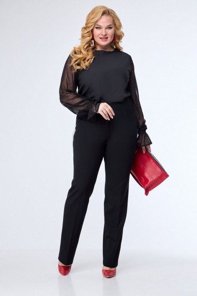 Блуза с воланом и сеткой в горошек, с кокеткой и резинкой по низу Anelli 1199 черный - фото 4