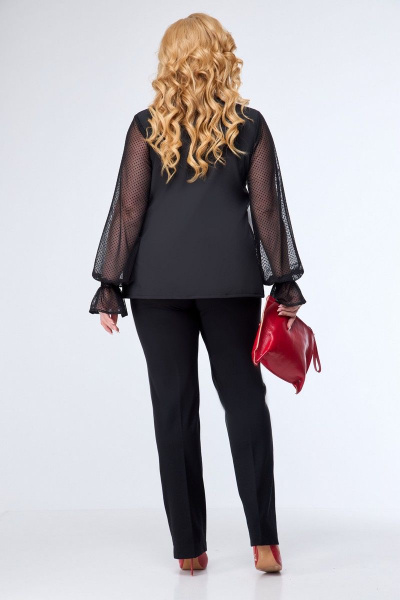 Блуза с воланом и сеткой в горошек, с кокеткой и резинкой по низу Anelli 1199 черный - фото 2