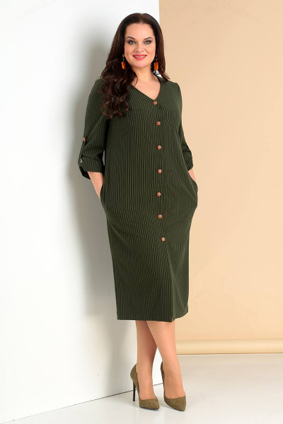 Зеленое демисезонное платье длиной 115 см с длинным рукавом Liona Style 684 хаки - фото 2