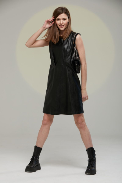 Полуприлегающее платье из экокожи с декором и складками Luna 027 черный - фото 3