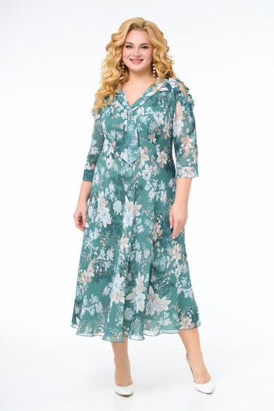 Платье приталенного силуэта с вырезом капля и пышной юбкой Slaviaelit 491 изумруд - фото 1