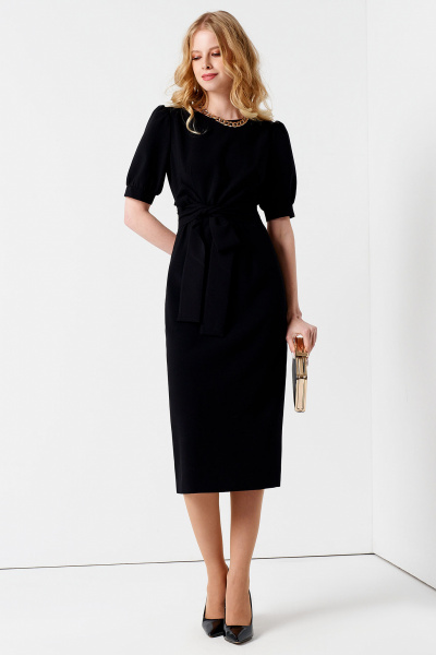 Платье с объемными рукавами и поясом-бантом из текстиля Панда 89980w черный - фото 1