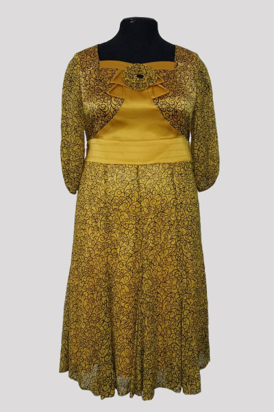 Платье отрезное по линии талии с поясом и плечевыми накладками Pama Style 535 горчица - фото 1