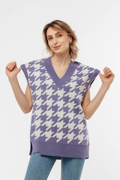 Жилет вязаный в гусиную лапку с шерстью на каждый день Romgil 686ШТЗ сиреневый,молочный - фото 1