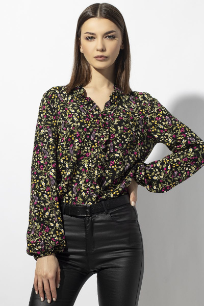 Блуза прямого силуэта из вискозы с рюшей VIZAVI 664 черный - фото 5