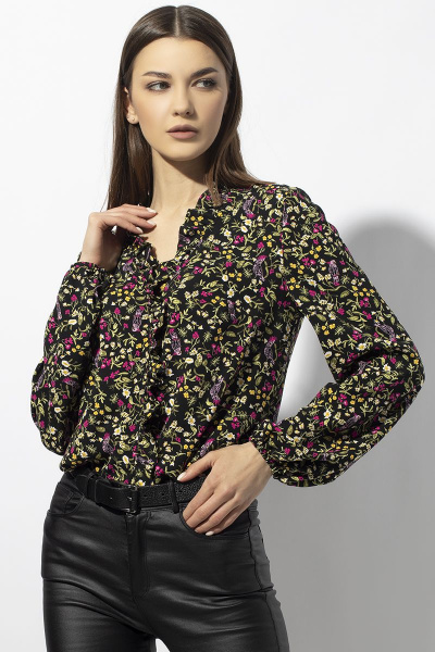 Блуза прямого силуэта из вискозы с рюшей VIZAVI 664 черный - фото 4