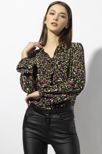 Блуза прямого силуэта из вискозы с рюшей VIZAVI 664 черный - фото 3