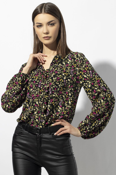 Блуза прямого силуэта из вискозы с рюшей VIZAVI 664 черный - фото 2