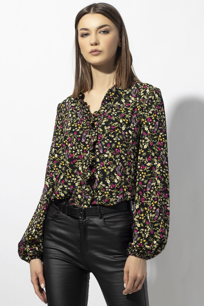 Блуза прямого силуэта из вискозы с рюшей VIZAVI 664 черный - фото 1