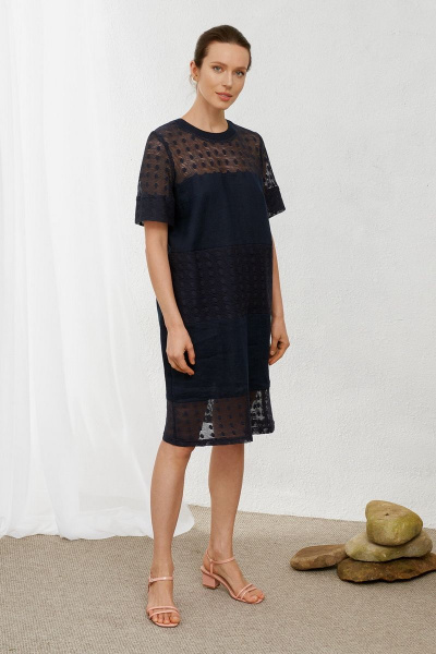 Платье приталенное из льна с кружевом и коротким рукавом Art Ribbon M3036P - фото 1