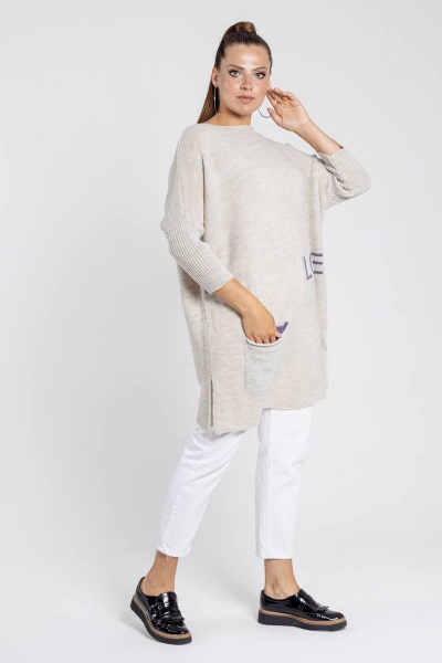 Туника вязаная теплая больших размеров с карманом BONADI М-1387 молочный - фото 4