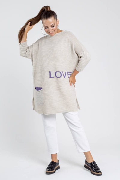 Туника вязаная теплая больших размеров с карманом BONADI М-1387 молочный - фото 1