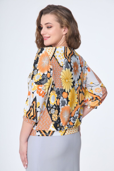 Блуза из текстиля с трикотажной посадкой и длиной 56 см DaLi 3532 оранж.цветы - фото 2