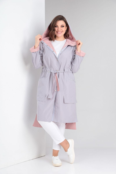 Ветровка прямого силуэта на кнопках с капюшоном Диомант 1779 пудра/серый - фото 12