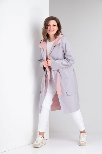 Ветровка прямого силуэта на кнопках с капюшоном Диомант 1779 пудра/серый - фото 7
