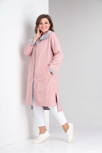 Ветровка прямого силуэта на кнопках с капюшоном Диомант 1779 пудра/серый - фото 1