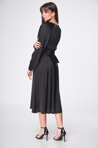 Платье зауженное до середины голени с V-образным вырезом и поясом демисезонное Anelli 1204 черный - фото 7