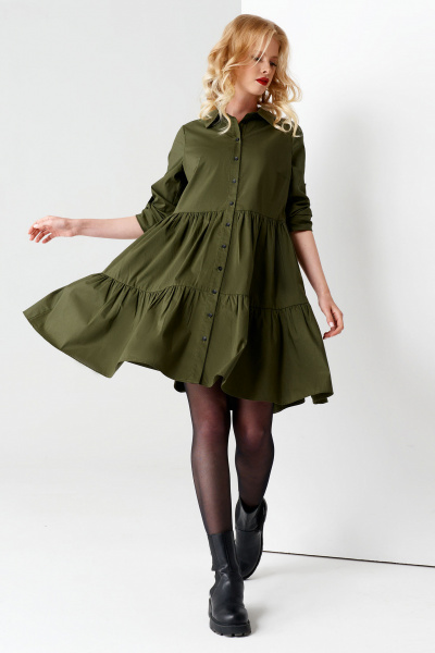Платье с кокетками из хлопка и сборками для отдыха Панда 67687z хаки - фото 1