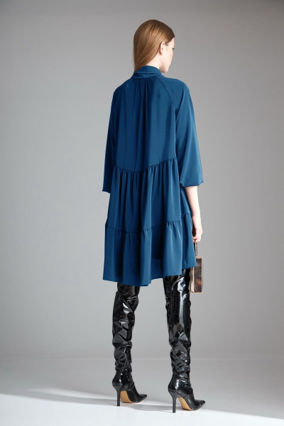 Синее трапециевидное платье с воланами и бантовым воротником Орхидея 1117 синий - фото 3