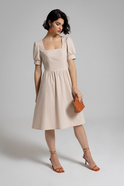 Бежевое платье до колена с рельефами и коротким рукавом Samnari Т159 бежевый - фото 2