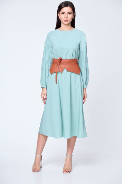 Платье из вискозы с разрезами и поясом, с пуговицами рыбкой, на каждый день Anelli 1128 мята - фото 1