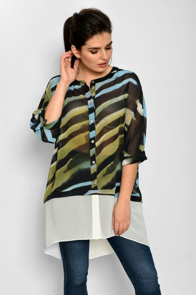 Блуза из шифона с воротником стойка и свободным силуэтом Faufilure outlet С831 черный+голубой - фото 1