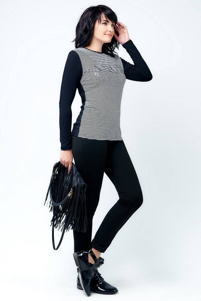 Демисезонный джемпер из комбинированной ткани с пайетками La rouge 30151 черный-(полоска) - фото 3