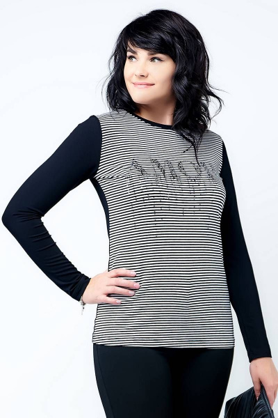 Демисезонный джемпер из комбинированной ткани с пайетками La rouge 30151 черный-(полоска) - фото 1