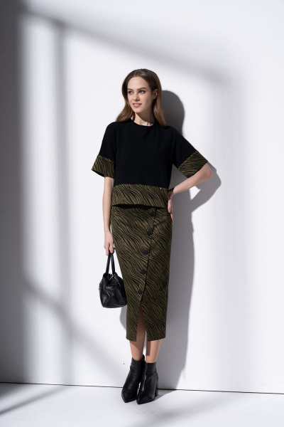 Юбка с имитацией запаха и декором пуговиц Barbara Geratti С8188BG черный/олива - фото 1