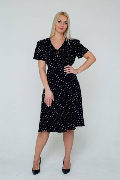Платье с поясом из вискозы и воланом на горловине Avila 0889 черный - фото 1