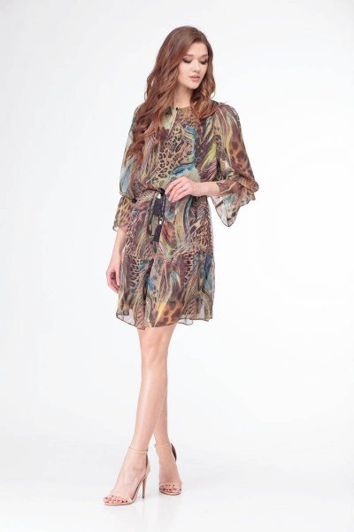 Платье шифоновое свободного силуэта с воланом для повседневной носки LadyThreeStars 1941 анималистичный_принт - фото 1
