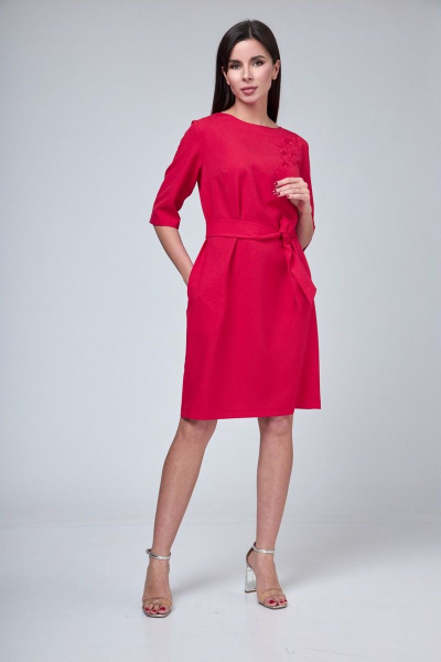 Платье из хлопка с V-образным и круглым вырезами, поясом и карманами, на каждый день Anelli 1070 красный - фото 4