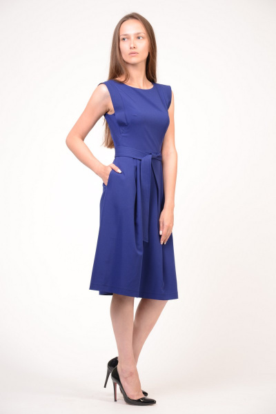 Летнее платье без рукавов с поясом и юбкой полусолнцем Domna 419 синий - фото 1