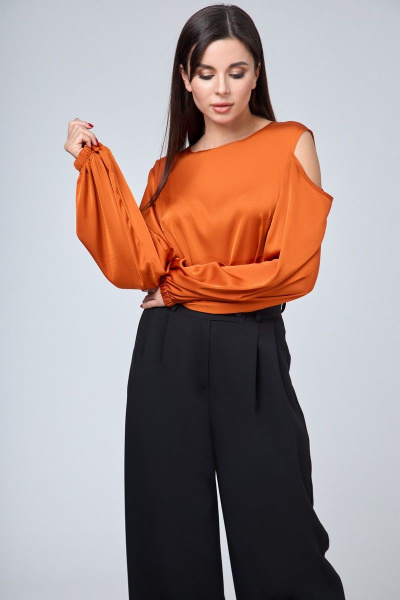 Блуза с разрезами по бокам и открытым плечом, с длинным рукавом Anelli 1218 терракот - фото 1